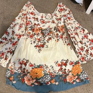 short, cream and floral Free People dress, small, bell bottom long sleeves